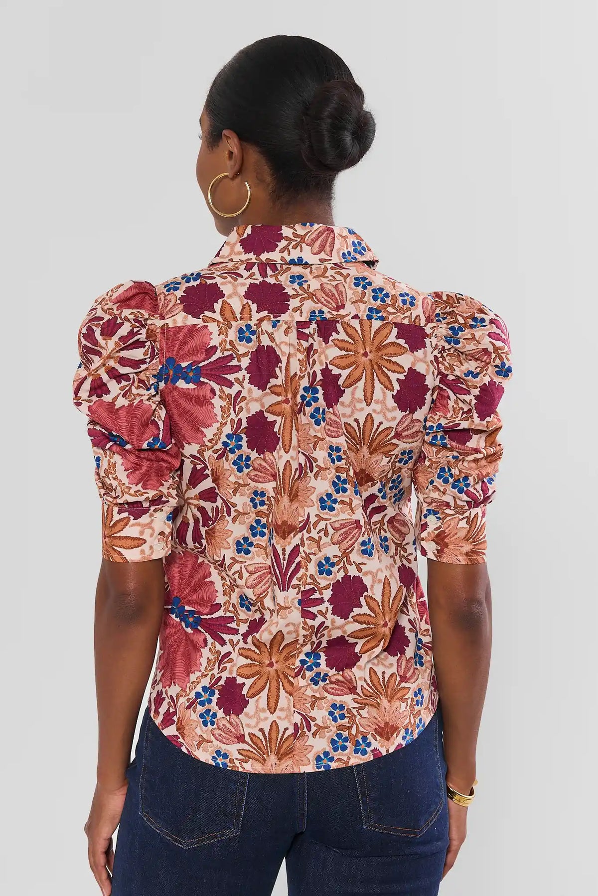 Maroon Floral Printed Top - Back View Showing Puff Sleeve Silhouette | Avara