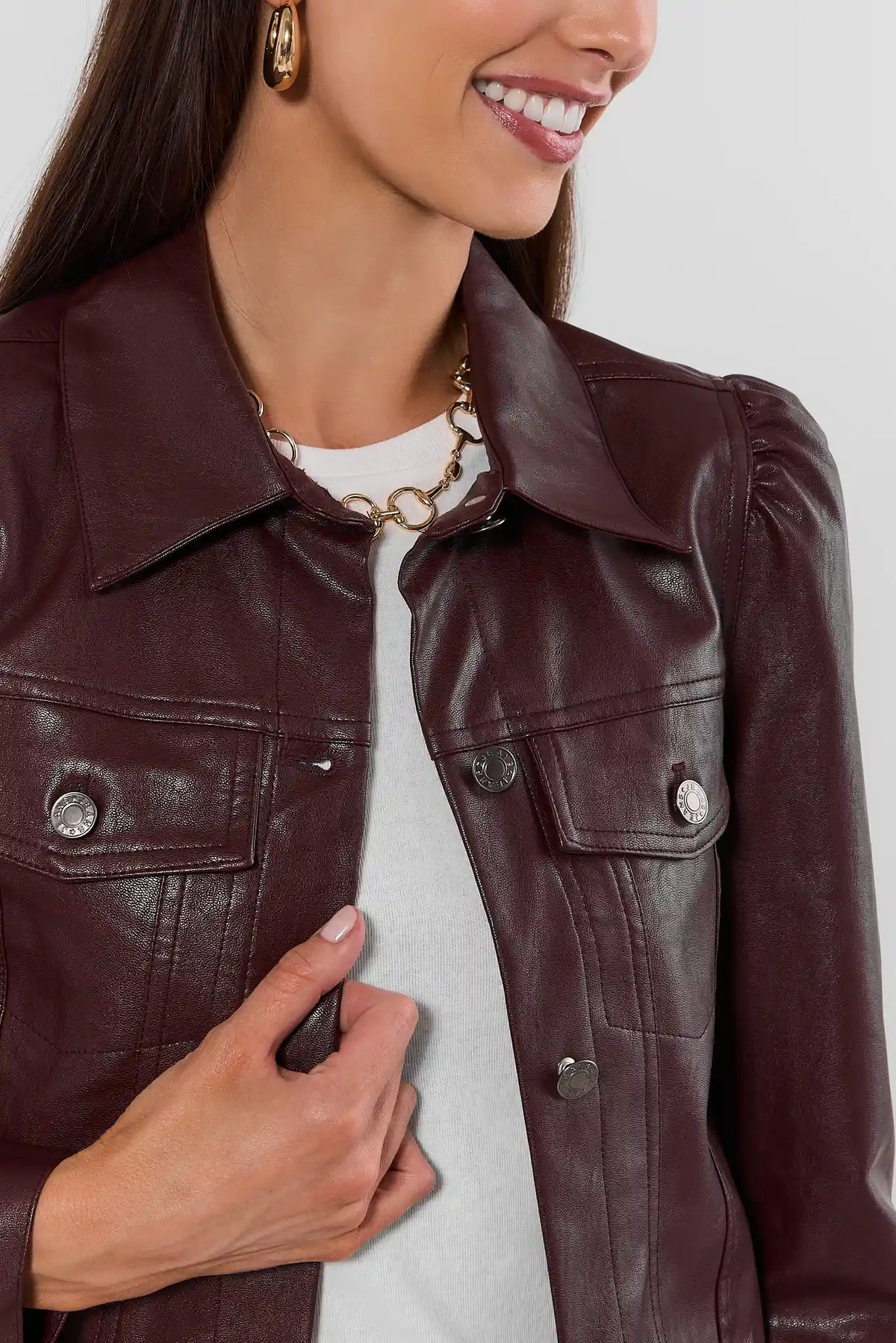 Roxanna Brown Faux Leather Jacket - Collar, Chest Pocket & Silver Button Close-Up | Avara