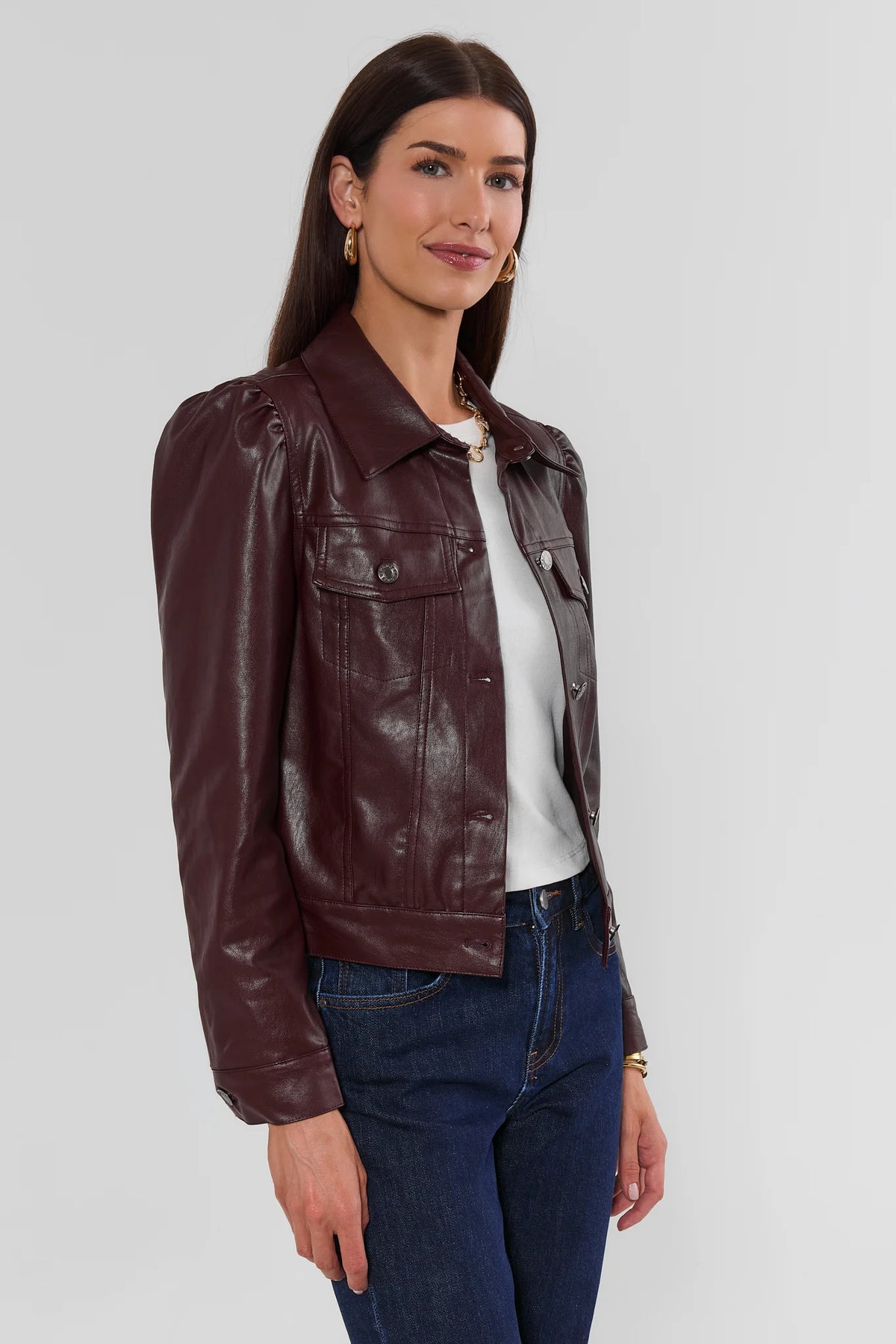 Roxanna Brown Faux Leather Jacket - Three-Quarter Side Profile Showing Puff Sleeve | Avara