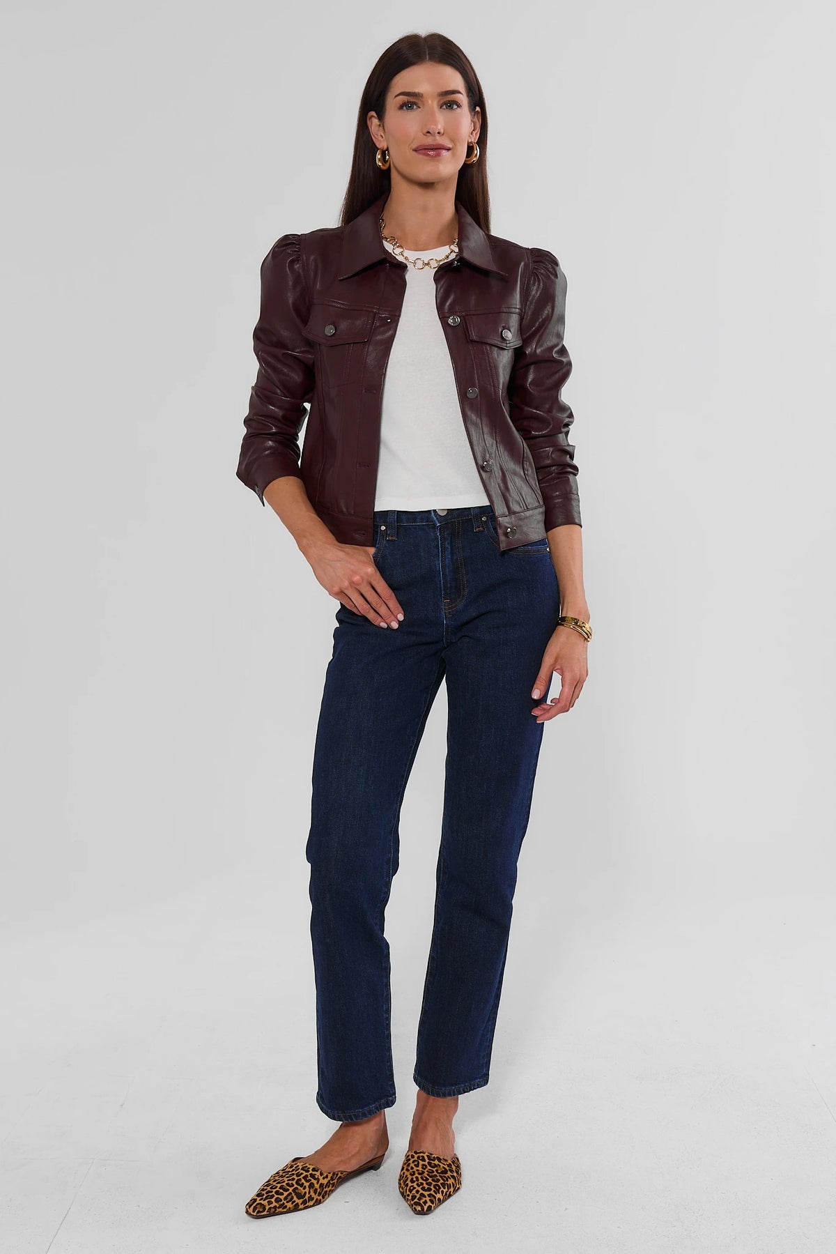 Roxanna Brown Faux Leather Jacket - Full-Length Styled Look with Dark Jeans & Leopard Flats | Avara