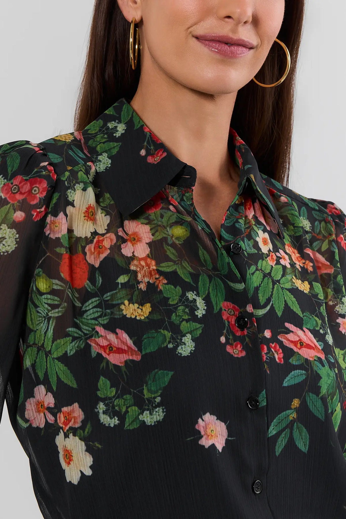 Black Floral Print Sheer Top - Collar and Button Detail Close-Up | Avara