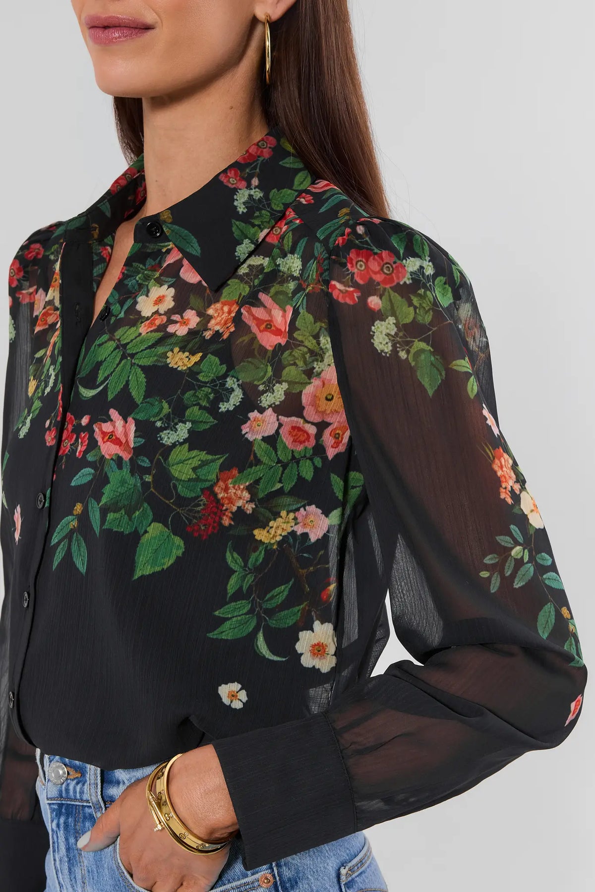 Black Sheer Floral Long Sleeve Top - Side Detail with Sheer Sleeve and Cuff | Avara