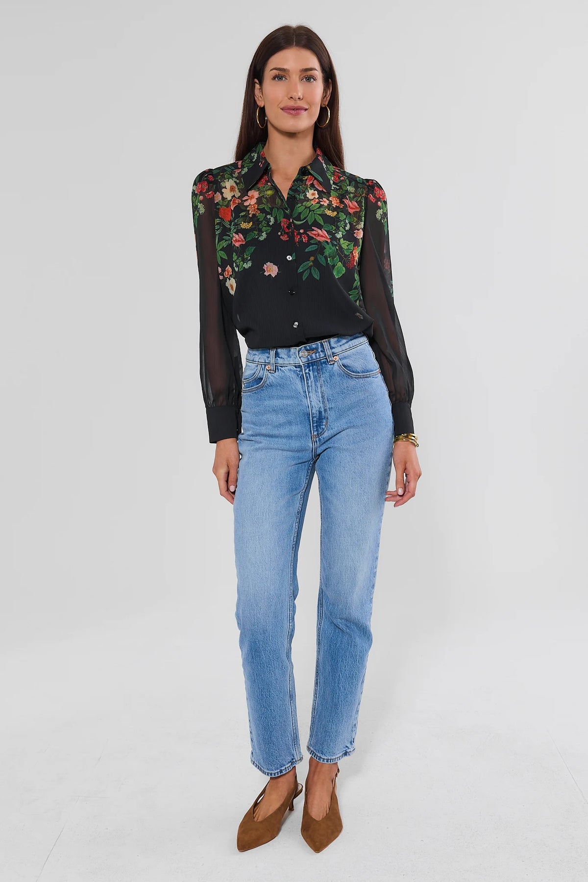 Black Sheer Floral Print Top - Full Length Styled Look with Jeans and Heels | Avara
