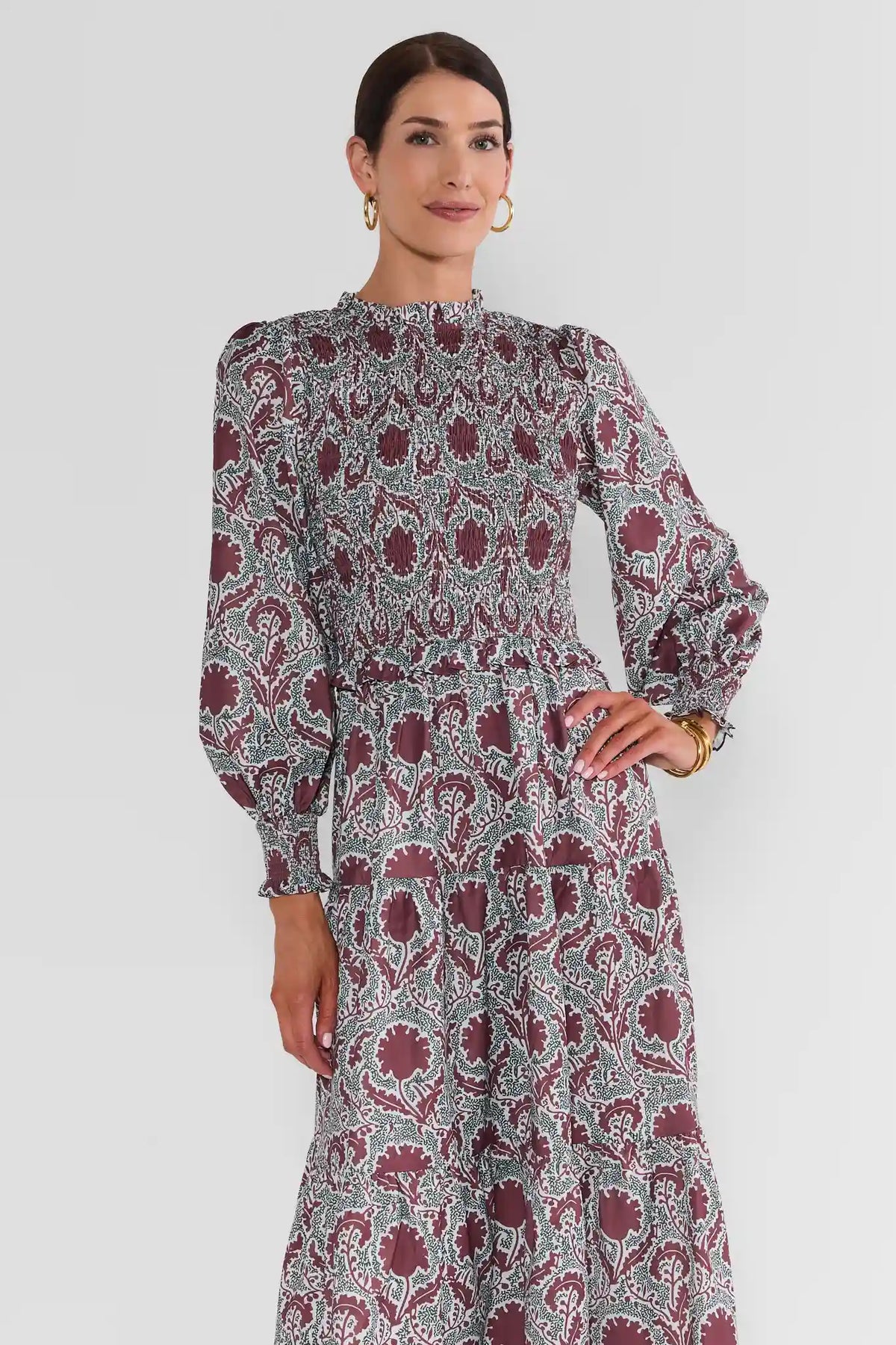 Brown Block Print Smocked Midi Dress - Front Crop View | Avara
