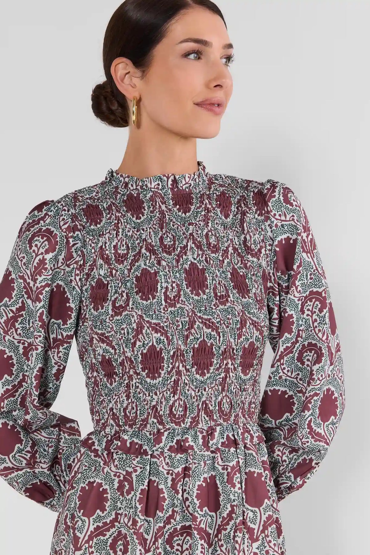 Brown Block Print Smocked Bodice Close-Up Detail - Fabric Texture | Avara