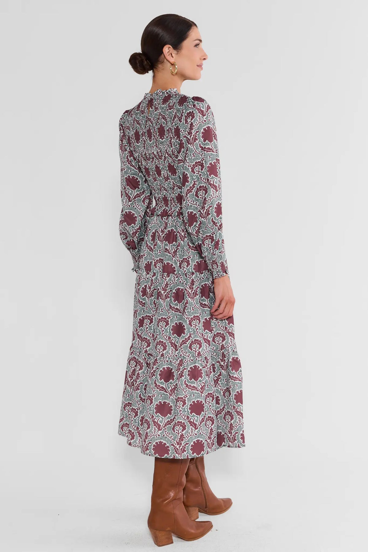 Brown Floral Block Print Smocked Midi Dress - Side Profile On Model | Avara