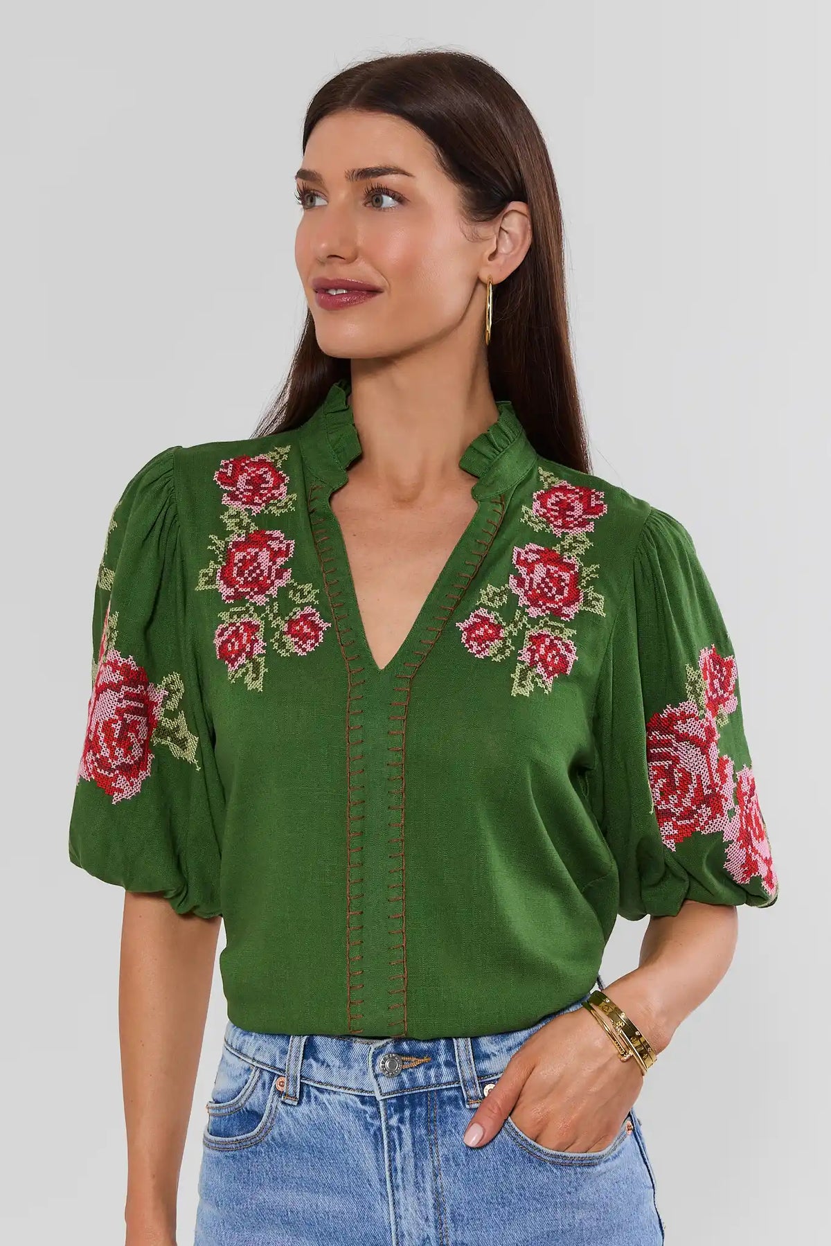 Green Rose Embroidered Puff Sleeve Top - Front View On Model | Avara