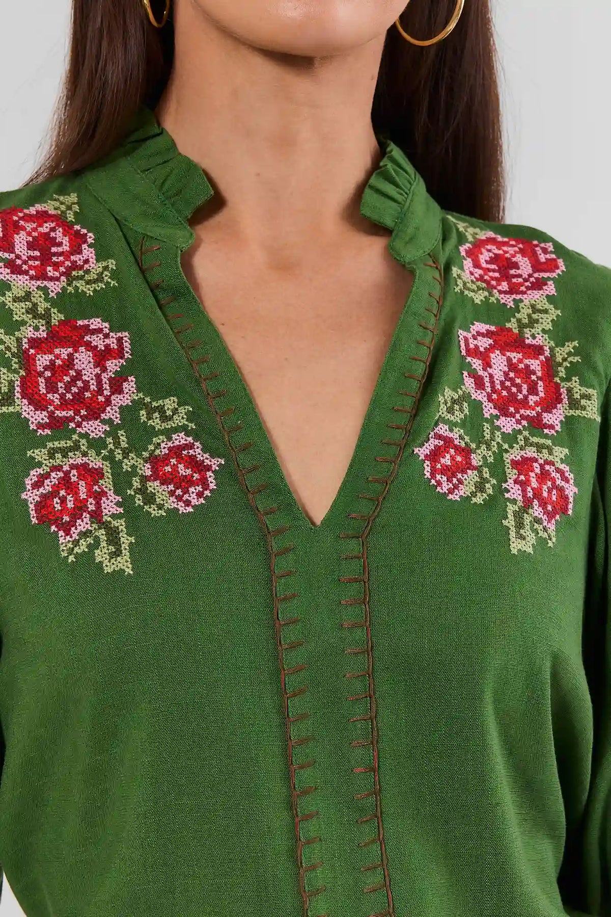 Green Floral Embroidered THML Top - Neckline Close-Up Detail | Avara