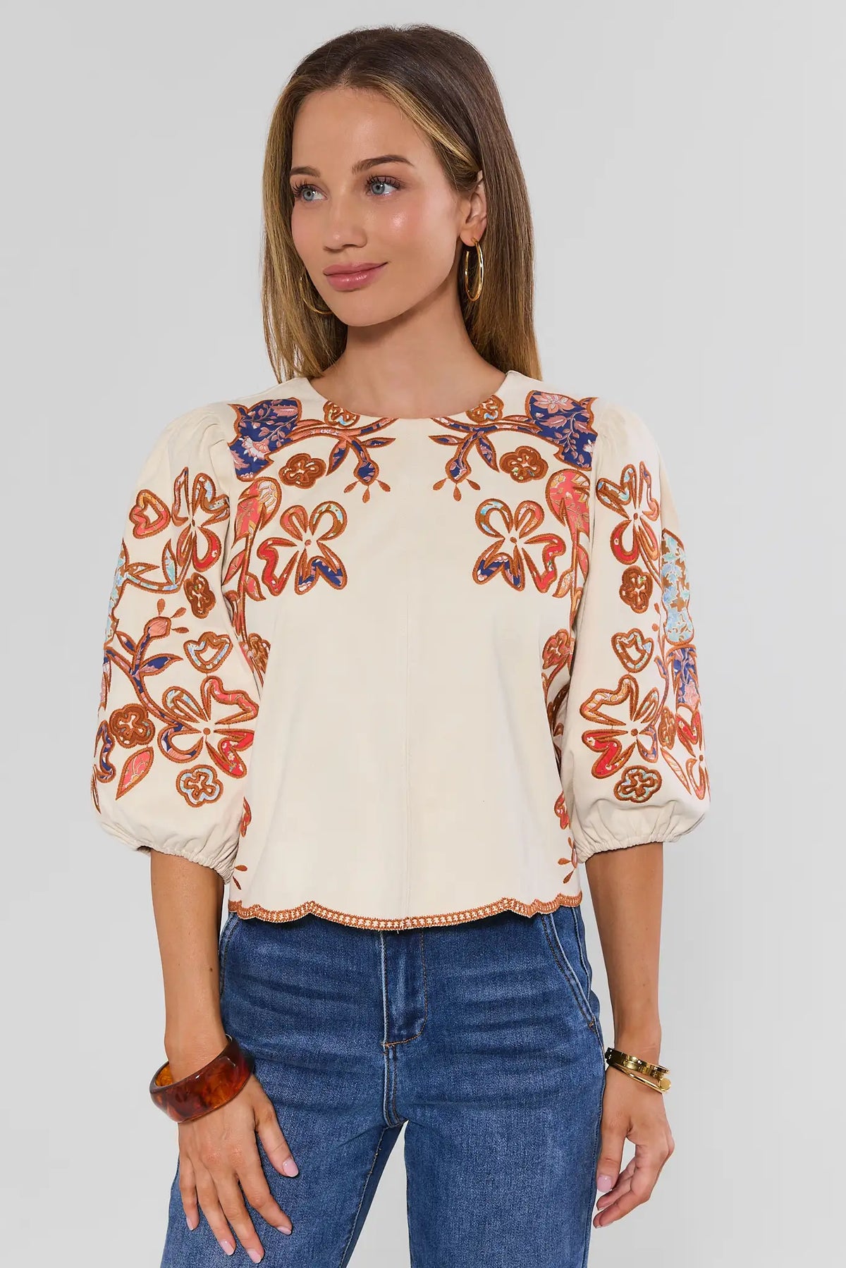 Ivory Faux Suede Floral Embroidered Top, Front View, Puff Sleeves & Scallop Hem - THML | Avara