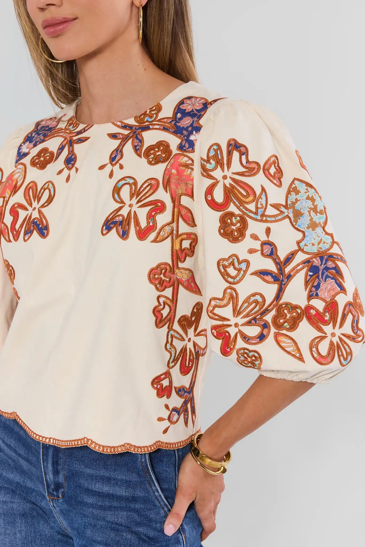 Ivory THML Faux Suede Embroidered Top - Close-Up Detail, Puff Sleeve & Scallop Trim | Avara