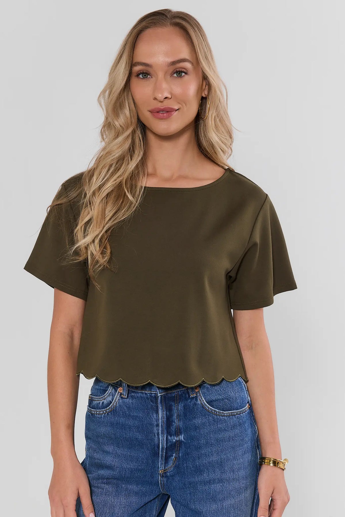Olive Faux Suede Scalloped Hem Top - Front View On Model with Denim | Avara