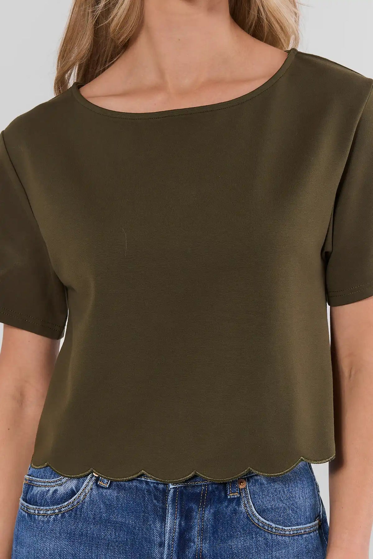 Olive Faux Suede Scalloped Hem Top - Close-Up of Scalloped Hem & Round Neckline | Avara