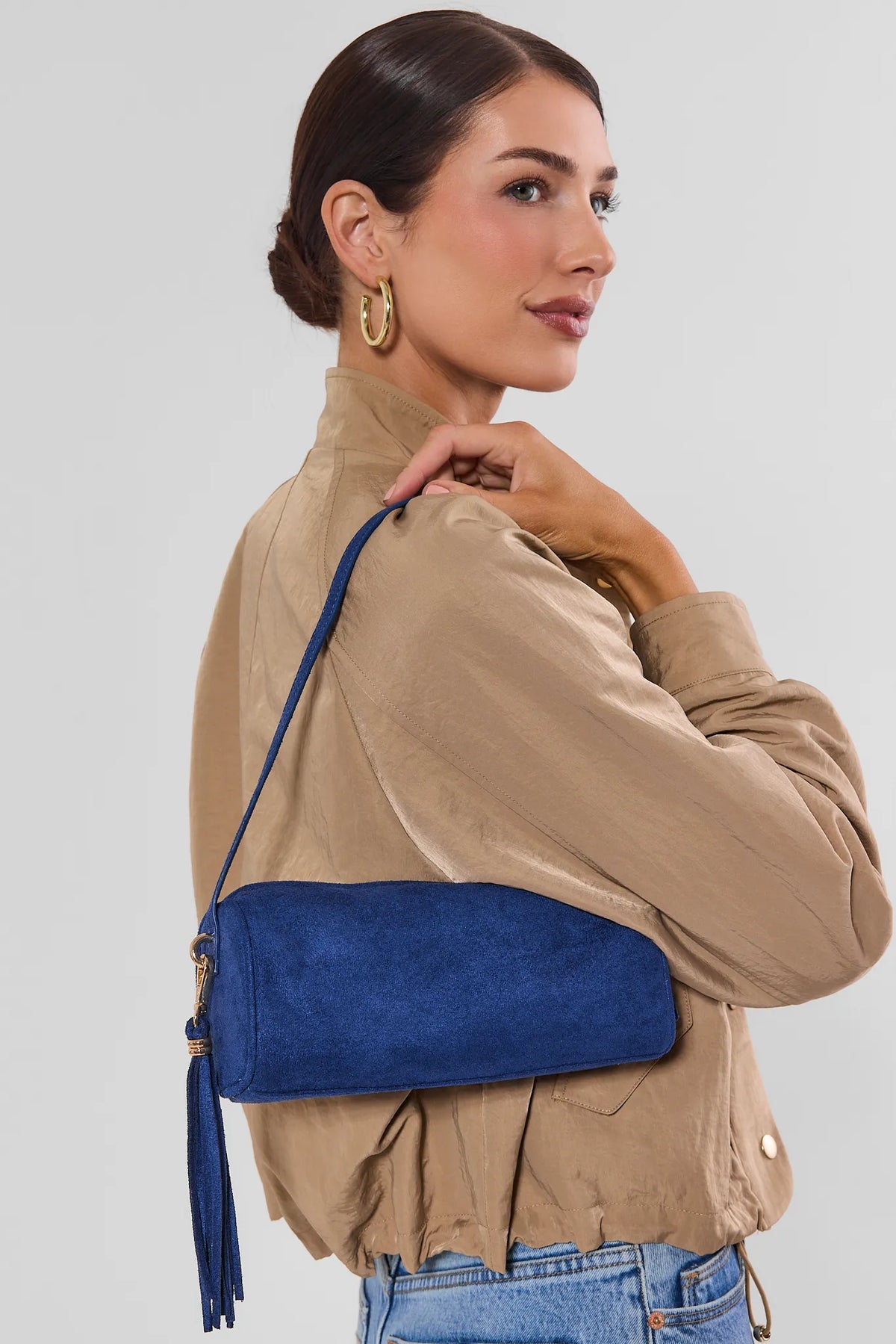 Blue Faux Suede Barrel Bag - On Model Styled Look | Avara