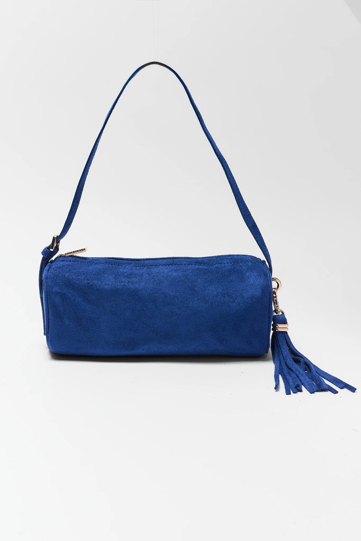 Blue Faux Suede Barrel Bag - Front View with Tassel Charm | Avara