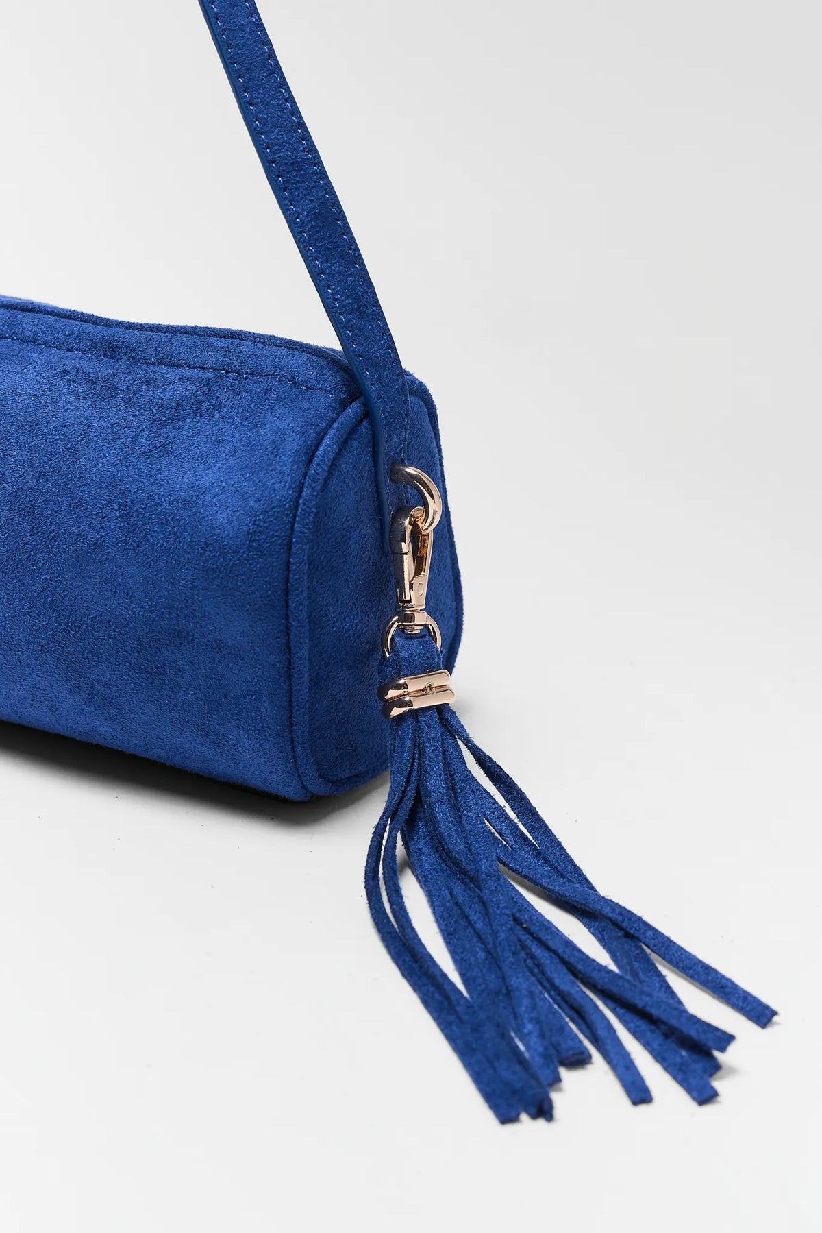 Blue Faux Suede Barrel Bag - Tassel and Gold Hardware Detail | Avara