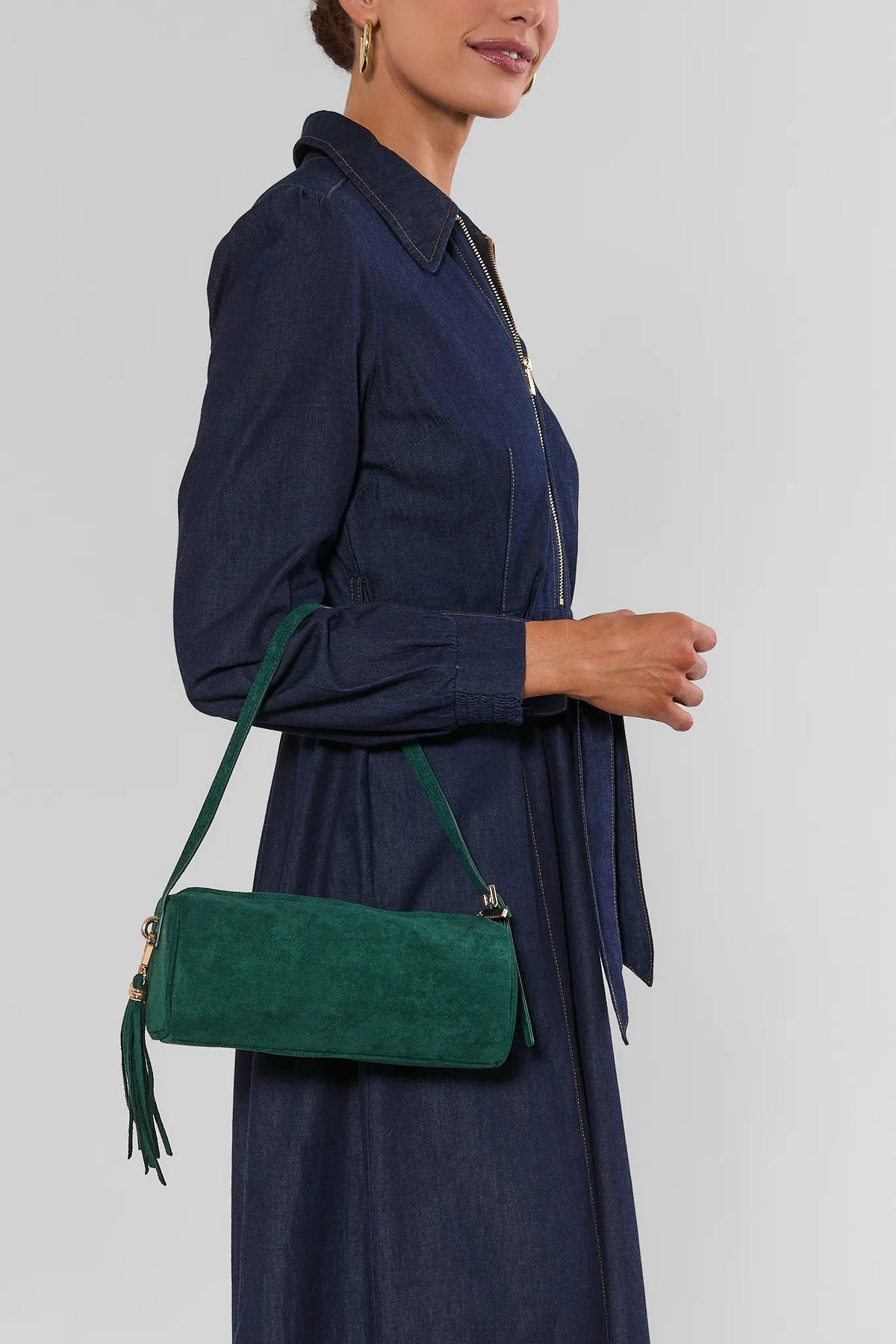 Green Faux Suede Barrel Bag - On Model Styled with Denim Dress | Avara