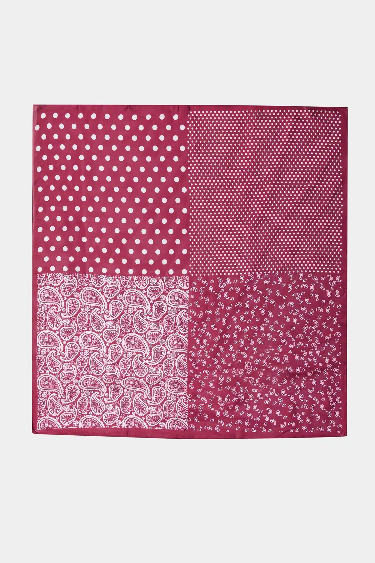 Red Mixed Print Square Scarf - Flat Lay, Paisley & Polka Dot Detail | Avara