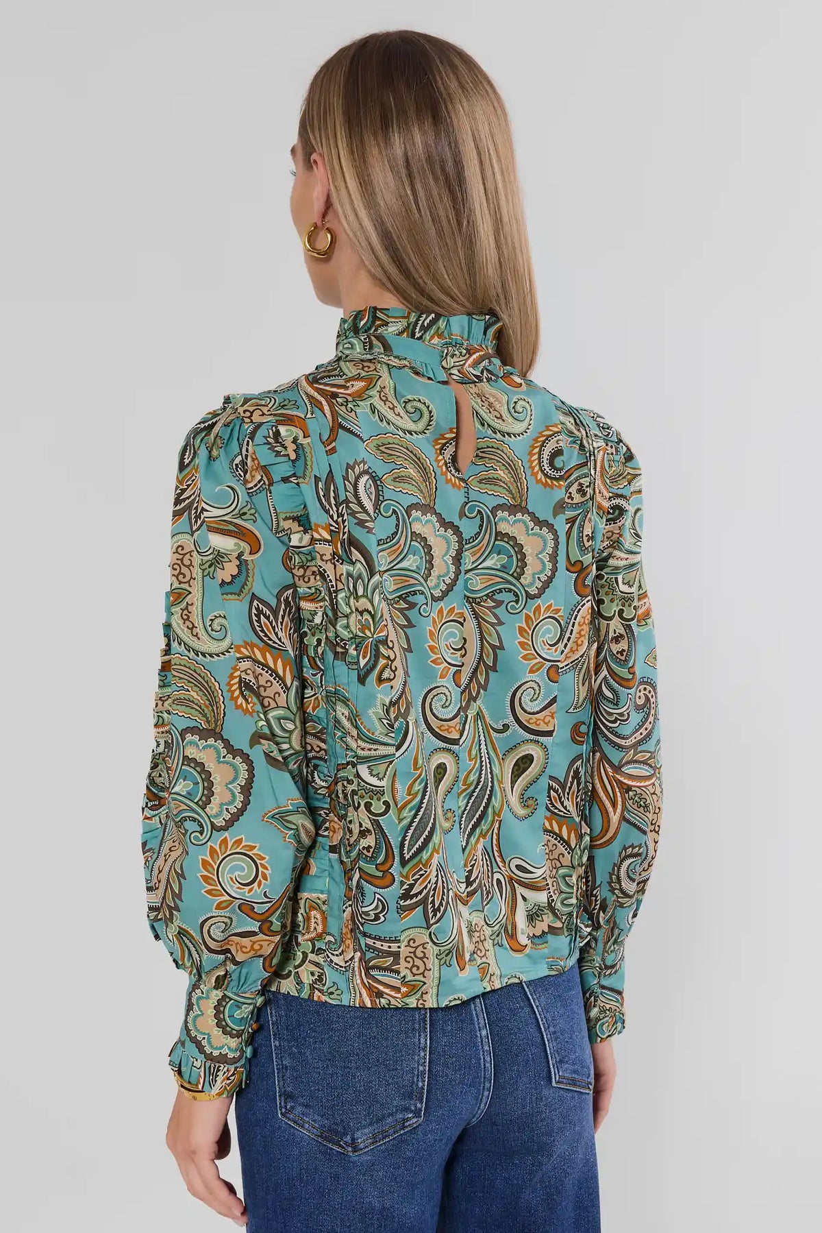 Teal Blue Paisley Print Cotton Top - Back View Showing Keyhole Neck Detail | Avara