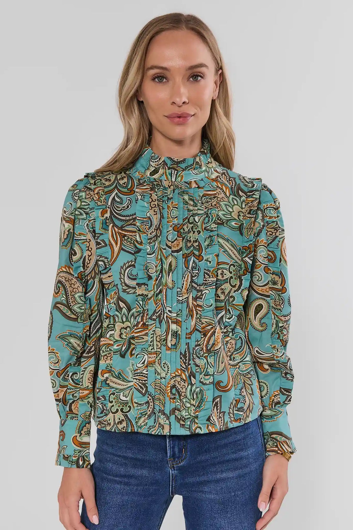 Teal Blue Paisley Button Up Top - Full Front On Model Styled with Jeans | Avara