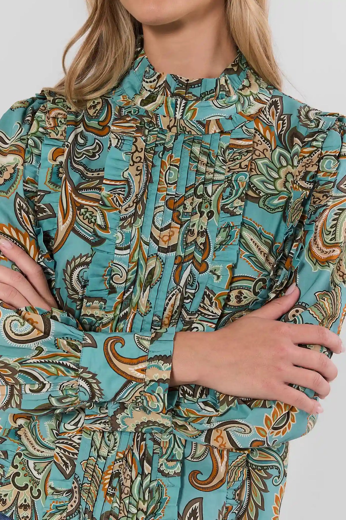 Teal Blue Paisley Cotton Top - Pleated Front & Ruffle Collar Close-Up Detail | Avara
