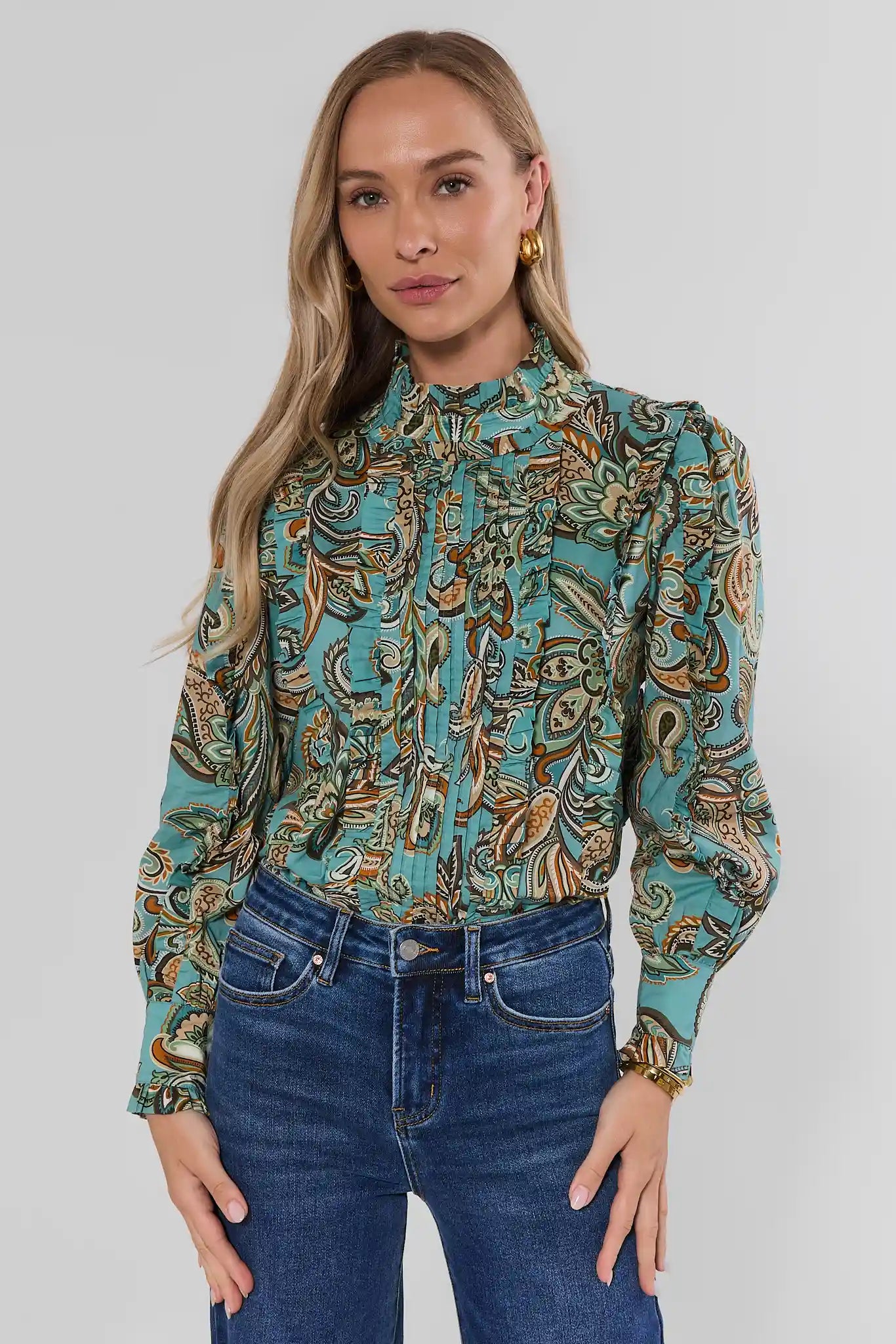 Teal Blue Paisley Print Button Up Top - Front View On Model with Denim | Avara