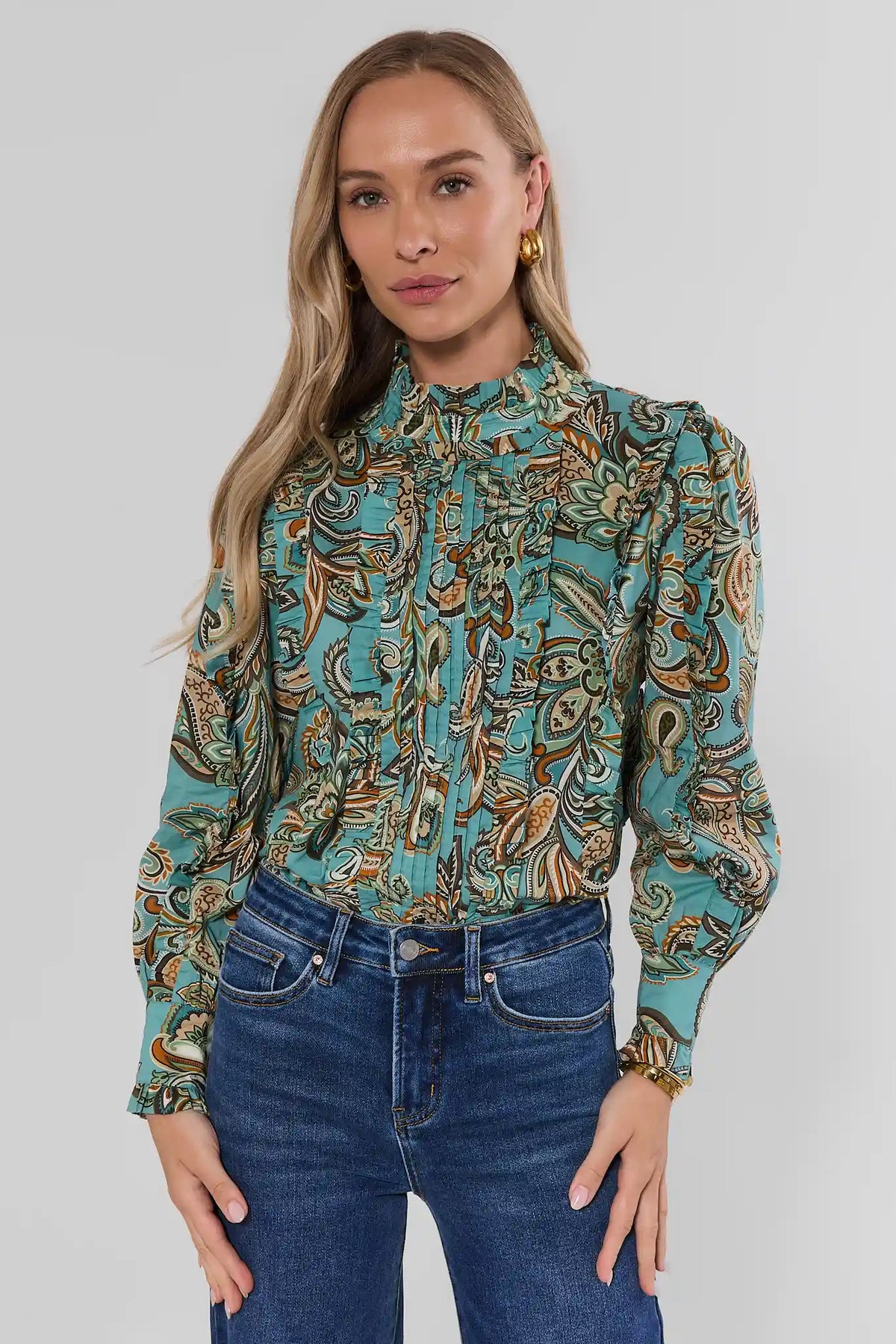 Teal Blue Paisley Print Button Up Top - Front View On Model with Denim | Avara