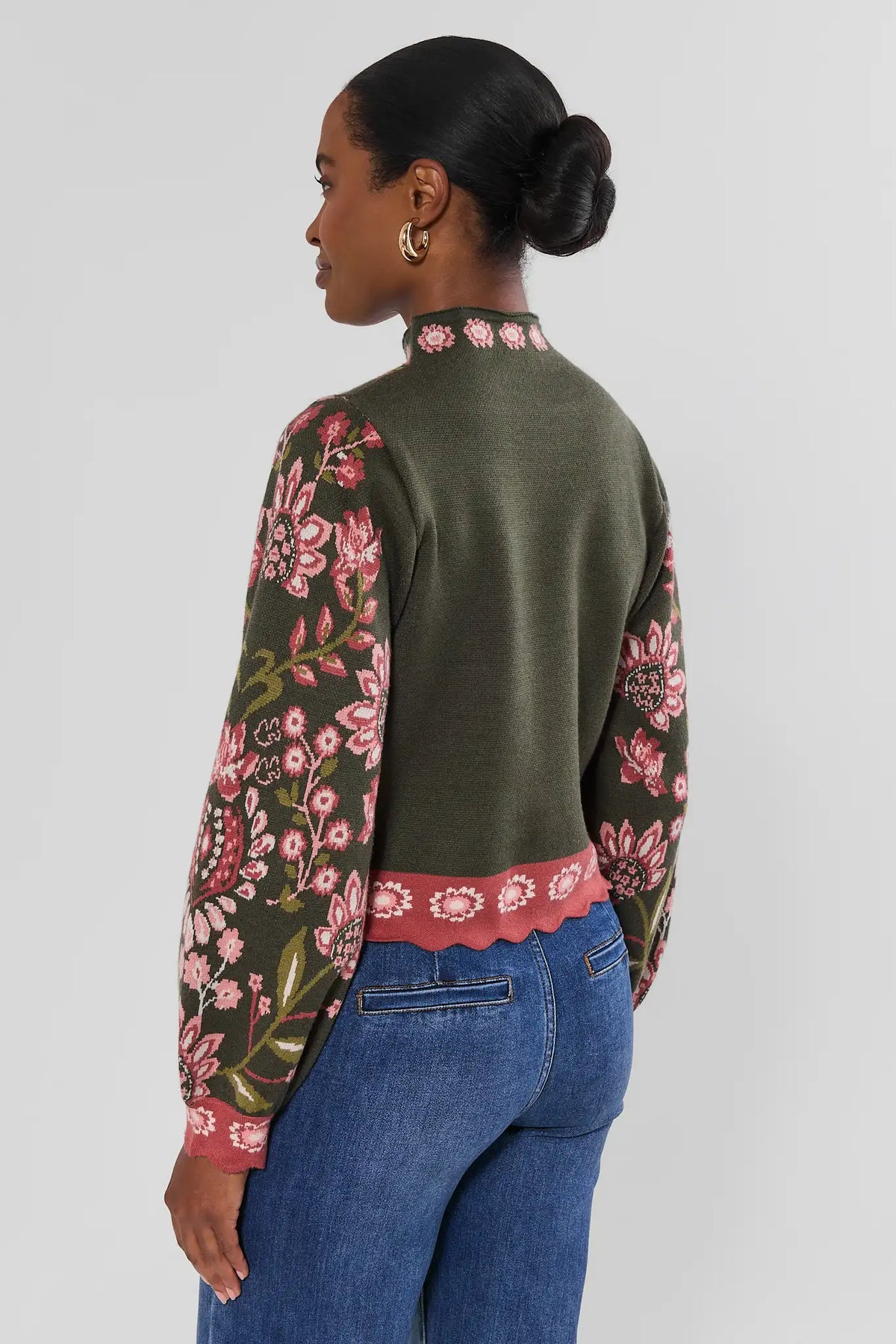 THML Katie Green Floral Print Sweater Scallop Hem Solid Back Panel - Back View On Model | Avara