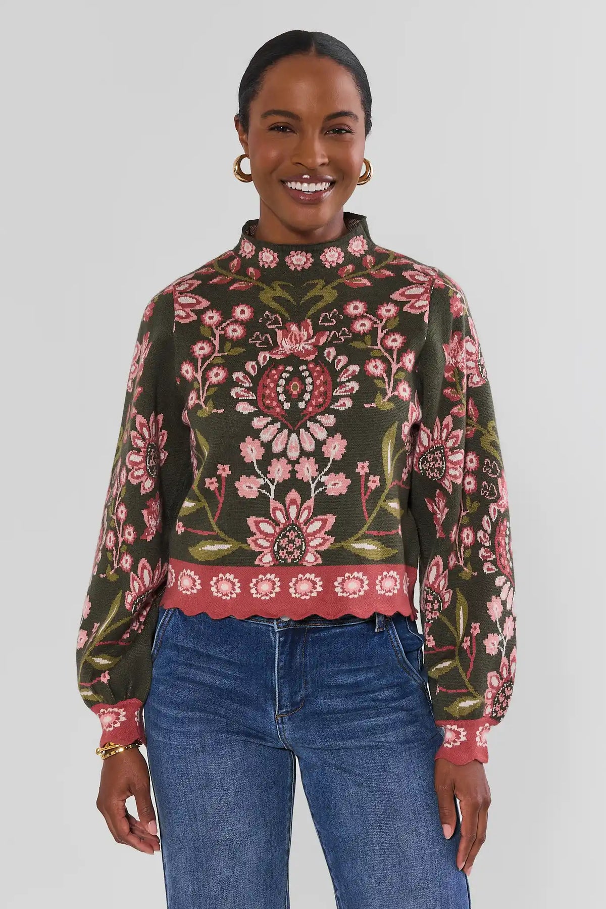 THML Katie Green Floral Print Sweater Mock Neck Scallop Hem - Full Front View On Model | Avara