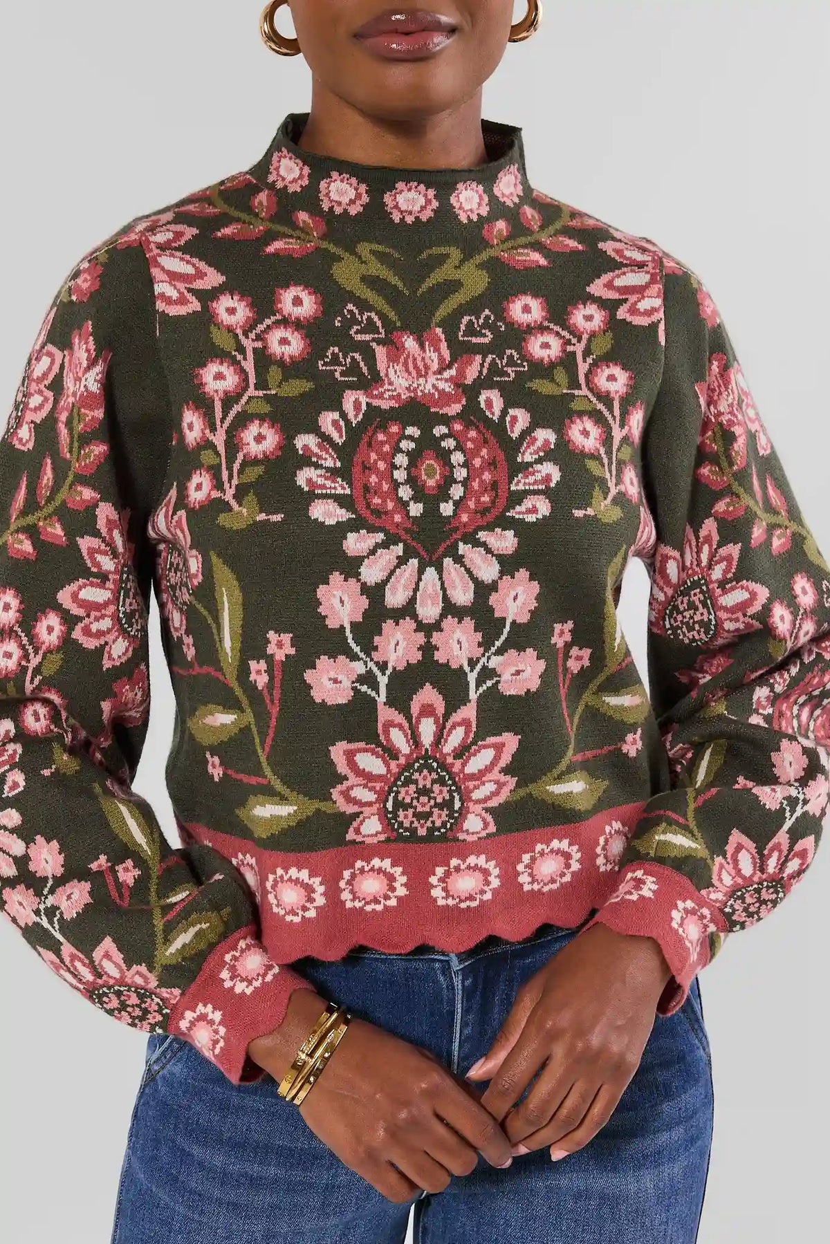 THML Katie Green Floral Print Sweater Mock Neck Long Sleeve - Front Close-Up On Model with Jeans | Avara