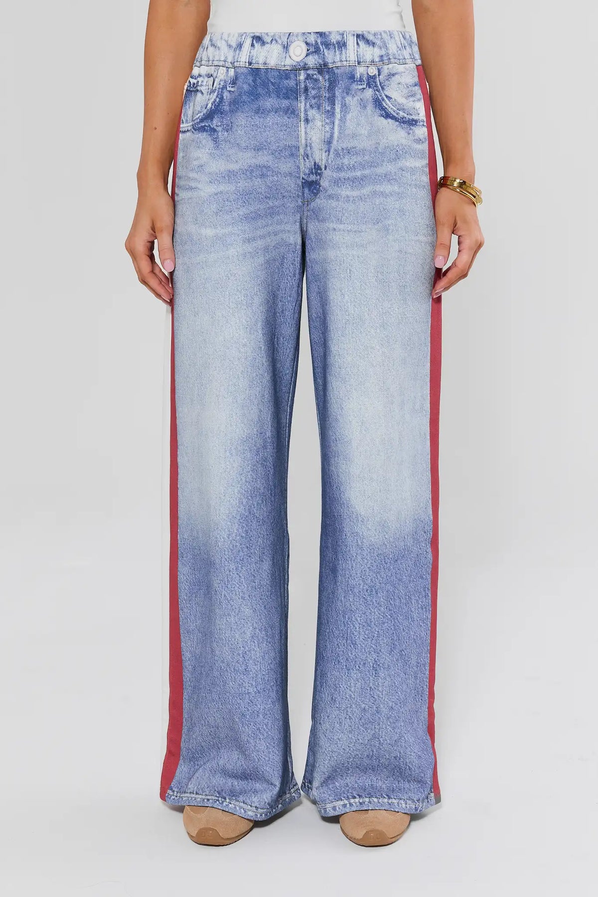 Maeve Red Stripe Wide Leg Track Pants - Front View On Model, Printed Wide Leg | Avara