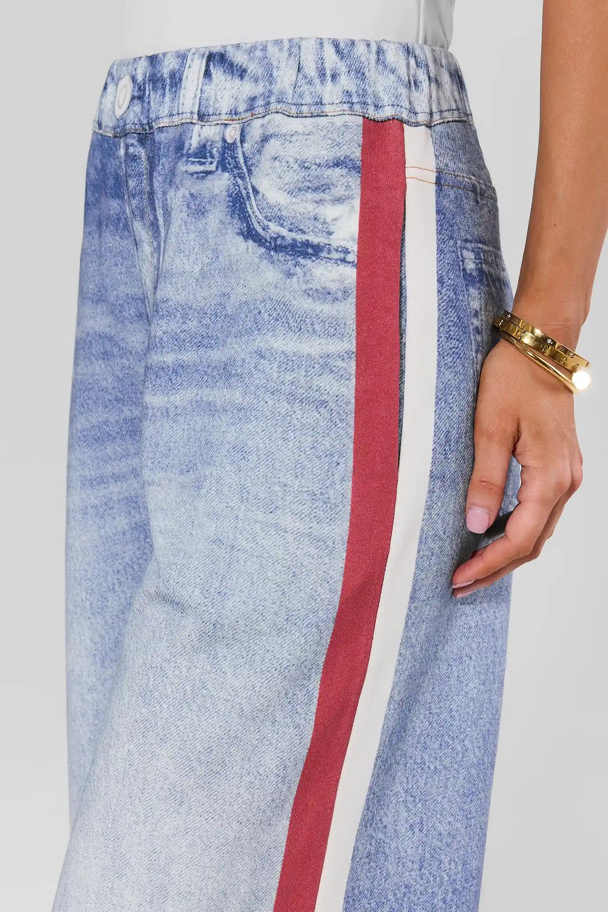 Maeve Red Stripe Wide Leg Track Pants - Red & White Side Stripe Close-Up Detail | Avara