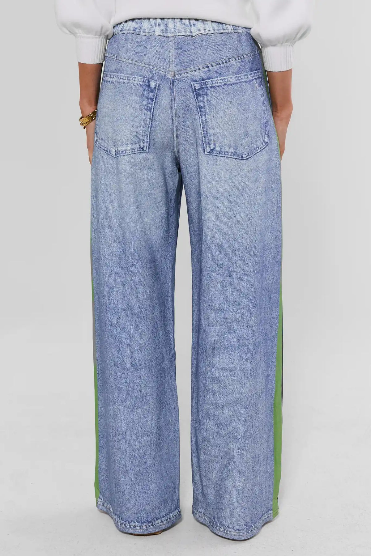 Maeve Green Stripe Wide Leg Track Pants - Back View Showing Dual Pockets and Side Stripe | Avara
