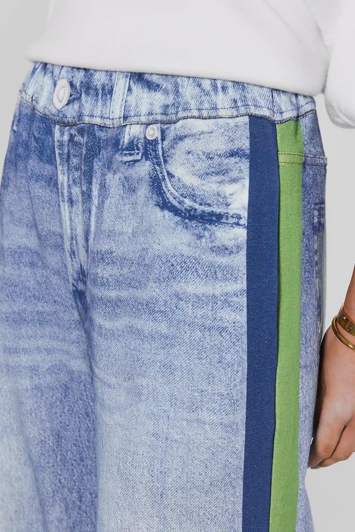Maeve Green Stripe Track Pants - Green and Navy Side Stripe Close-Up On Model | Avara