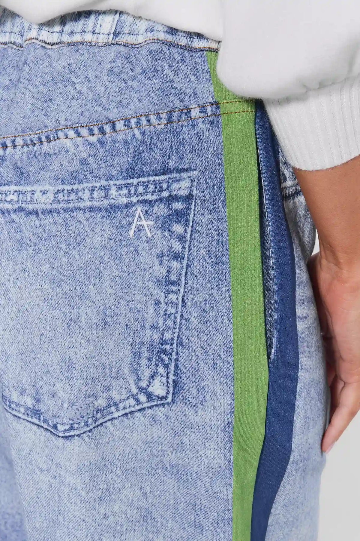 Maeve Green Stripe Wide Leg Pants - Back Pocket with Embroidered Logo and Side Stripe Close-Up | Avara