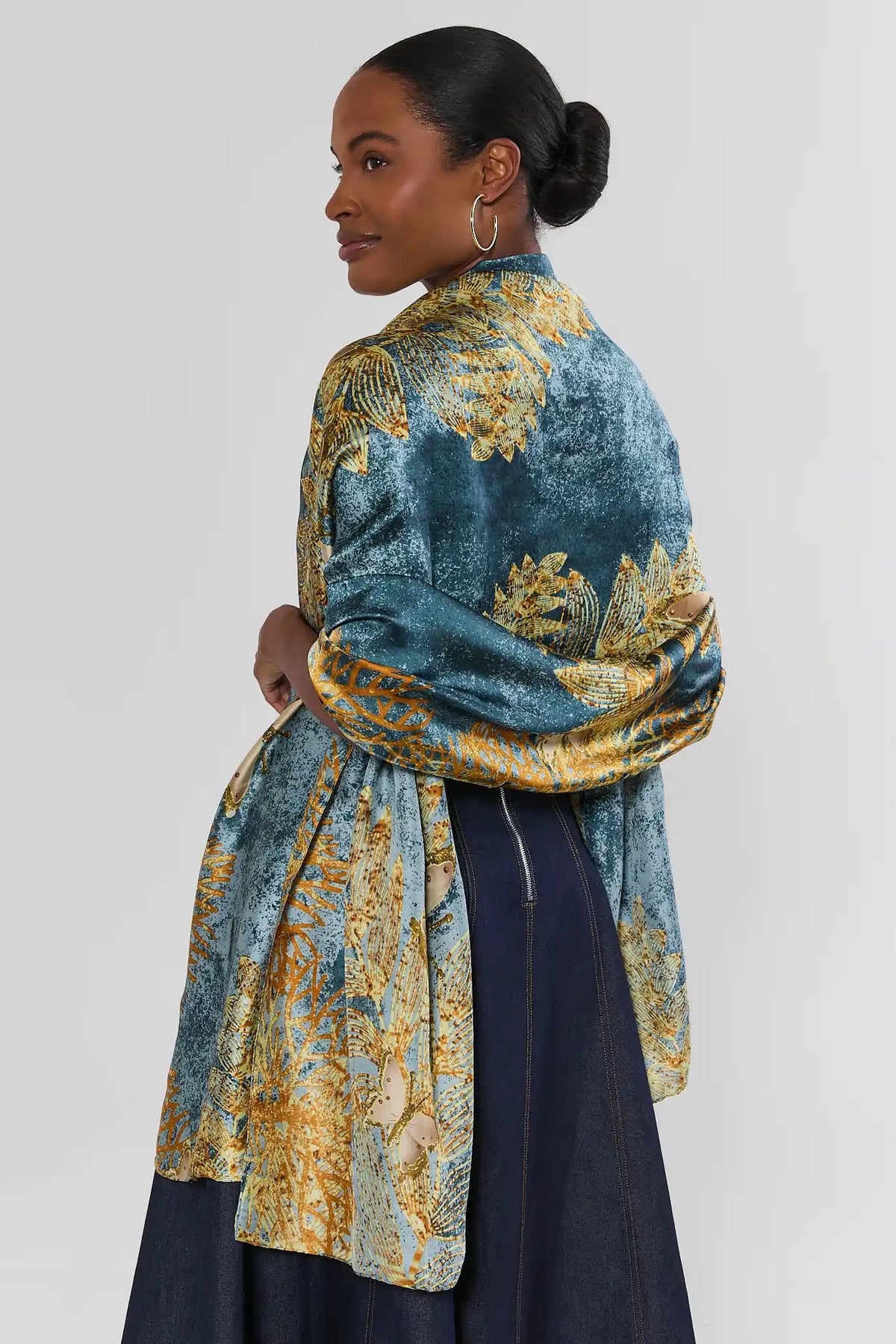 Blue Gold Abstract Printed Wrap Shawl - On Model Back View | Avara