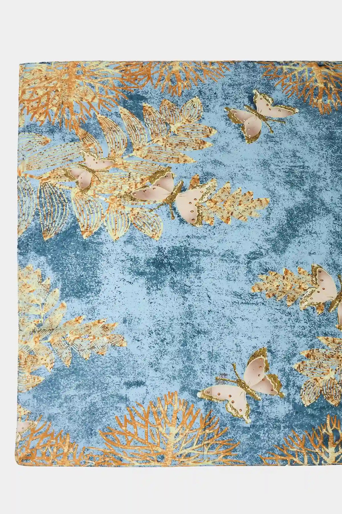 Blue Printed Wrap Scarf with Gold Butterfly Detail - Flat Lay Close-Up | Avara
