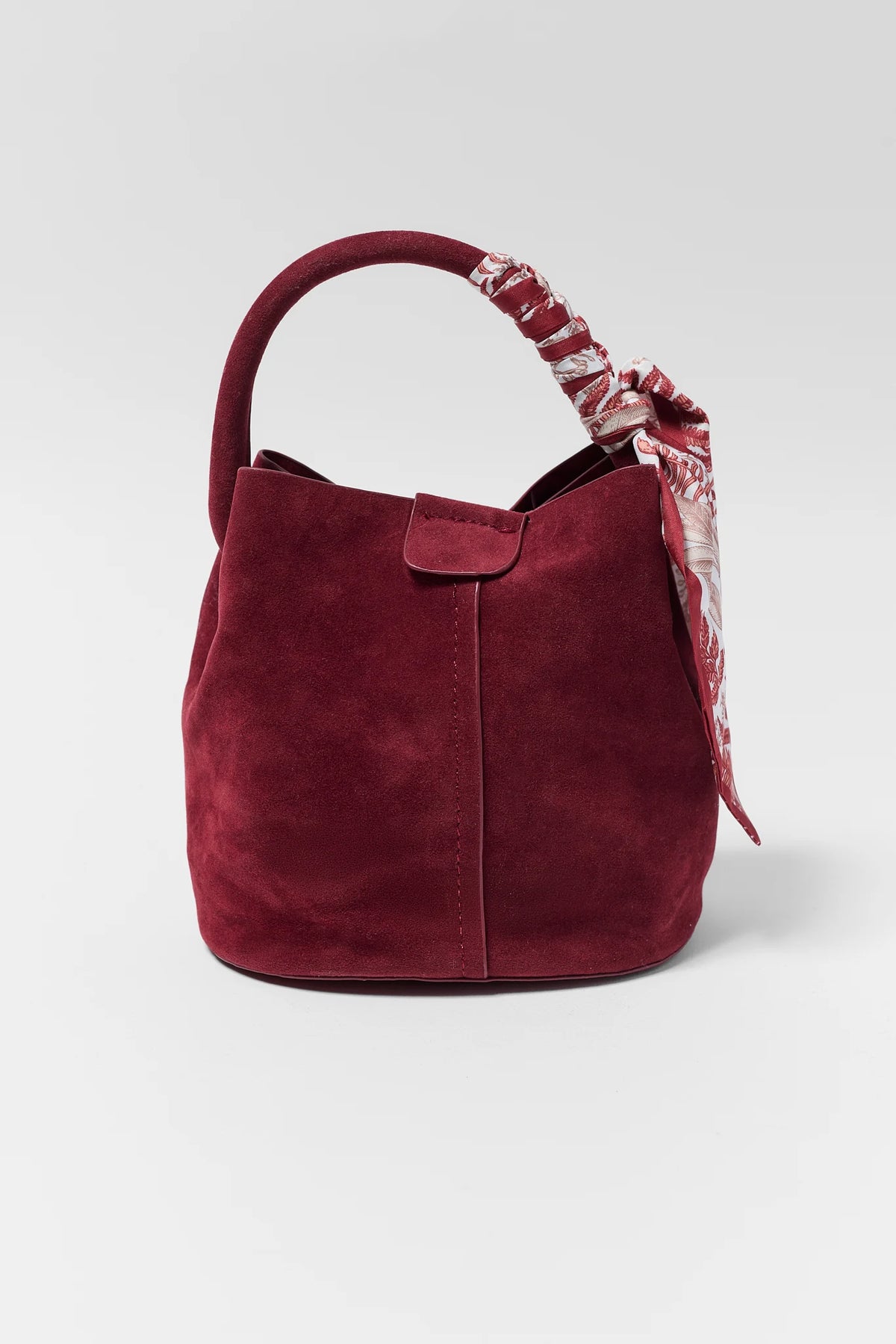 Burgundy Faux Suede Top Handle Bag with Printed Scarf Detail - Front View | Avara