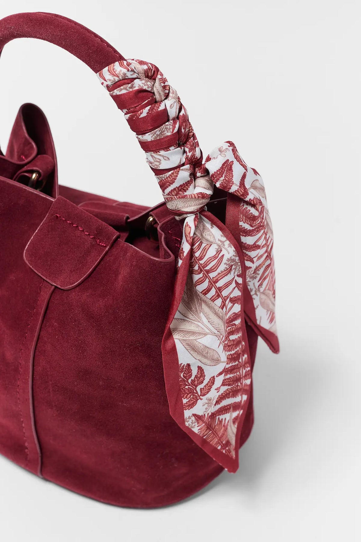 Burgundy Faux Suede Bag Scarf Handle Close-Up - Texture Detail | Avara