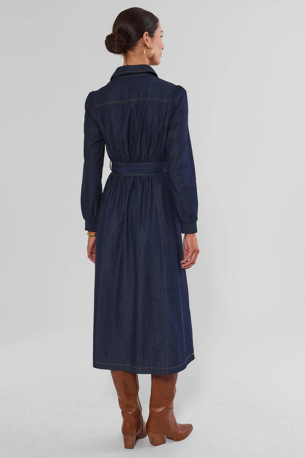 Dark Denim Zip-Up Collared Midi Dress - Back View Showing Gathered Waist & Long Sleeves | Avara