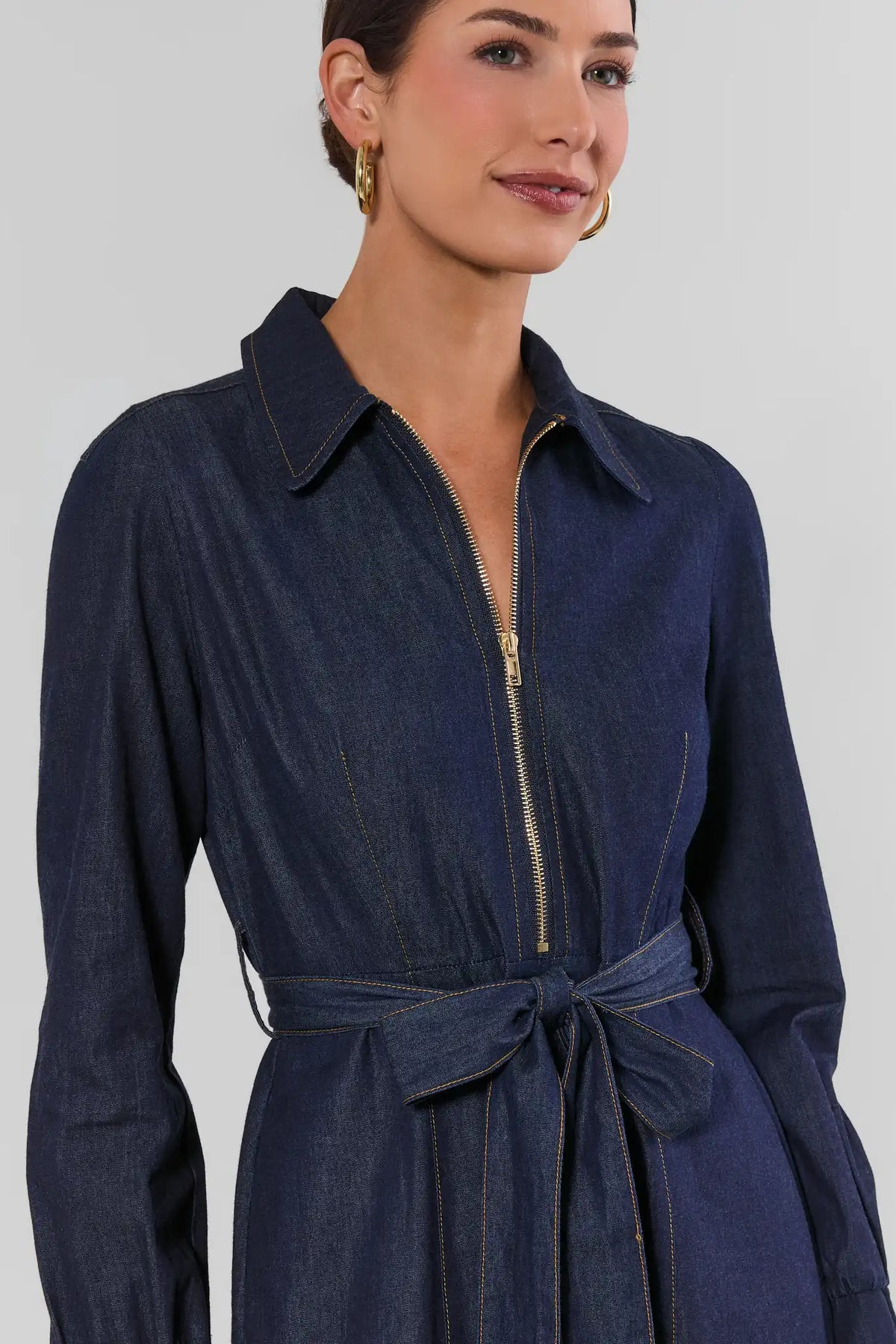 Dark Denim Zip-Up Collared Midi Dress - Gold Zipper & Tie Belt Close-Up Detail | Avara