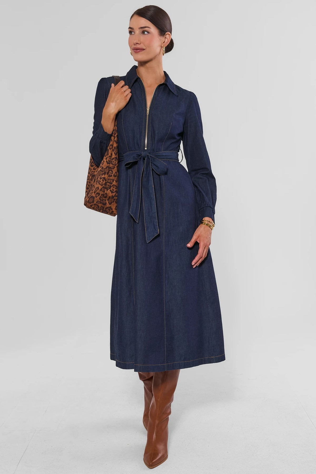Dark Denim Midi Dress with Tie Belt Styled with Brown Boots & Leopard Tote - Side View | Avara