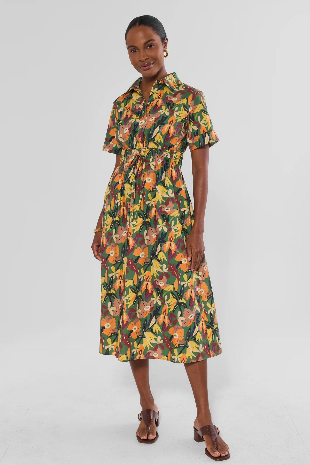 Green Floral Print Collared Midi Dress - On Model Front View, Women's Midi Dress | Avara