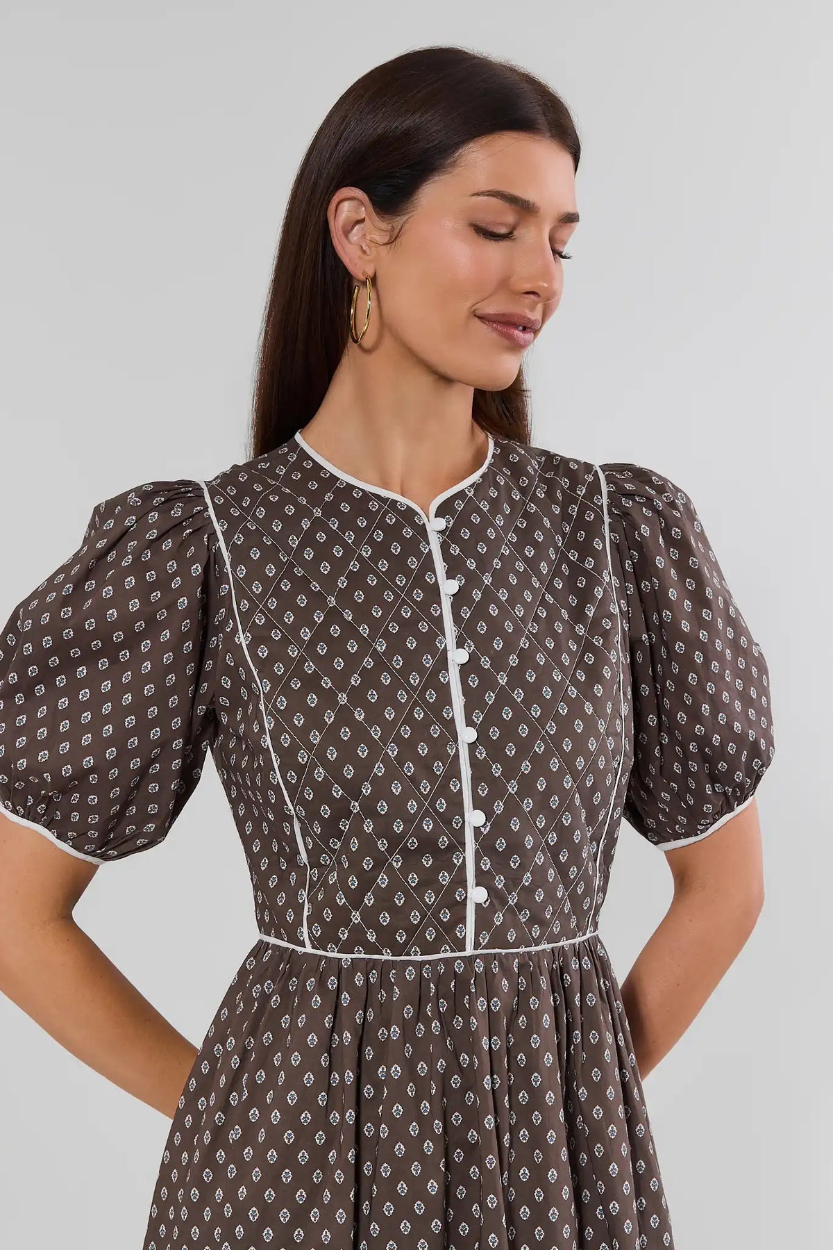 Brown Printed Midi Dress - White Contrast Trim & Button Detail Close-Up | Avara