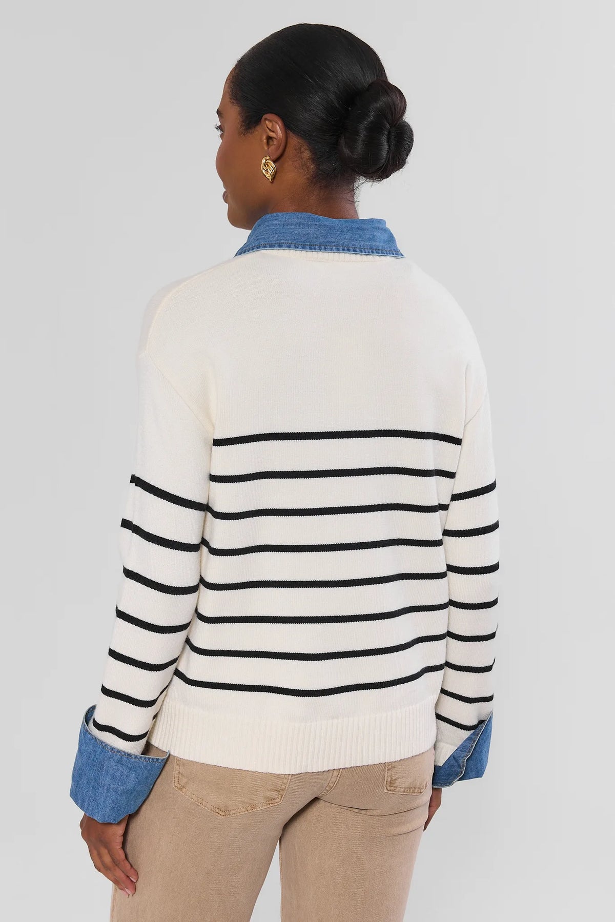 White Black Striped Knit Sweater with Denim Collar and Cuffs - Back View On Model | Avara
