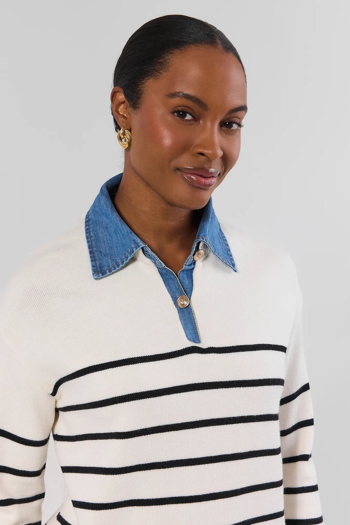 White Black Striped Sweater Denim Collar Gold Button Close-Up - Neckline Detail View | Avara
