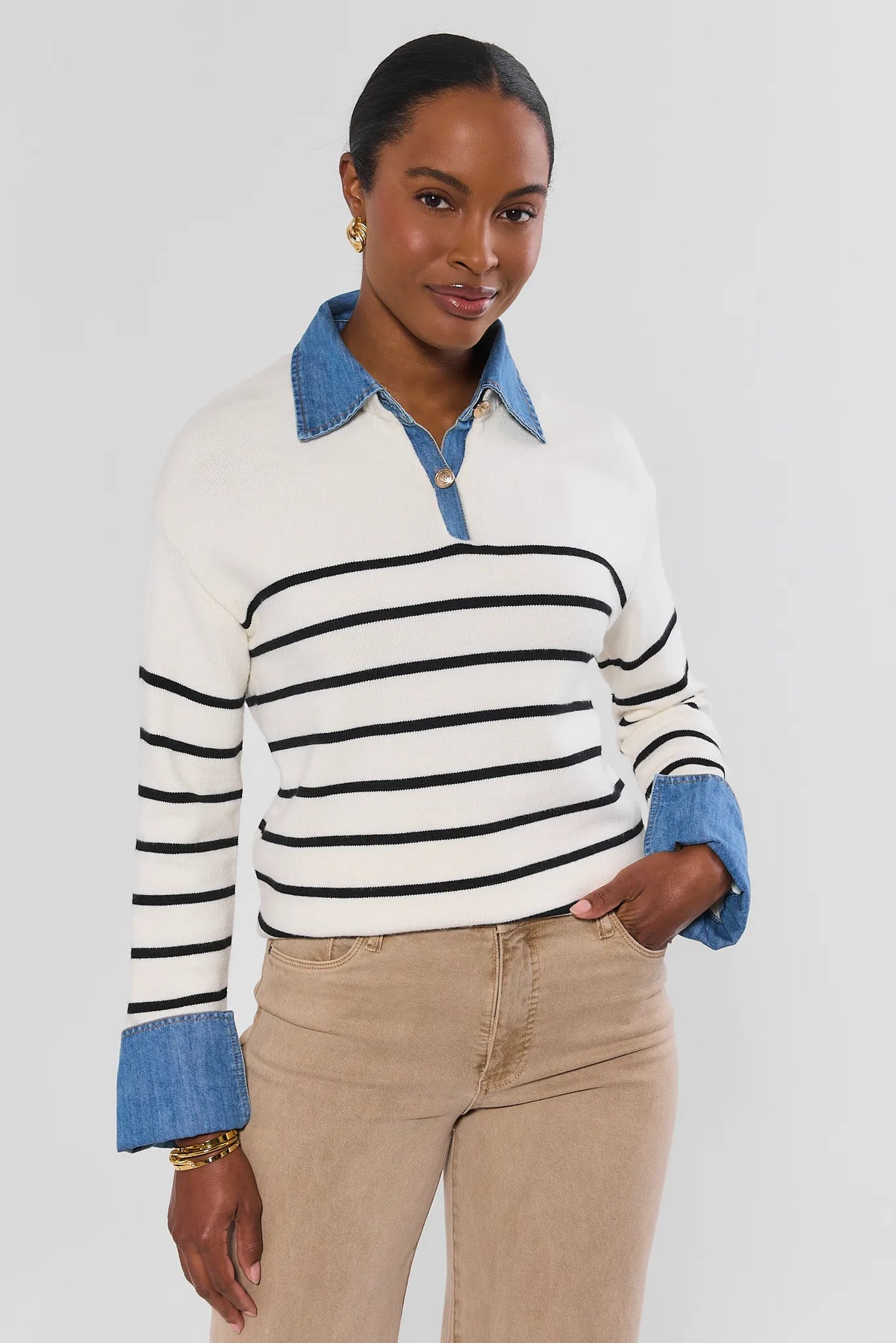 White Striped Knit Sweater with Denim Collar Trim - Front View On Model with Tan Pants | Avara
