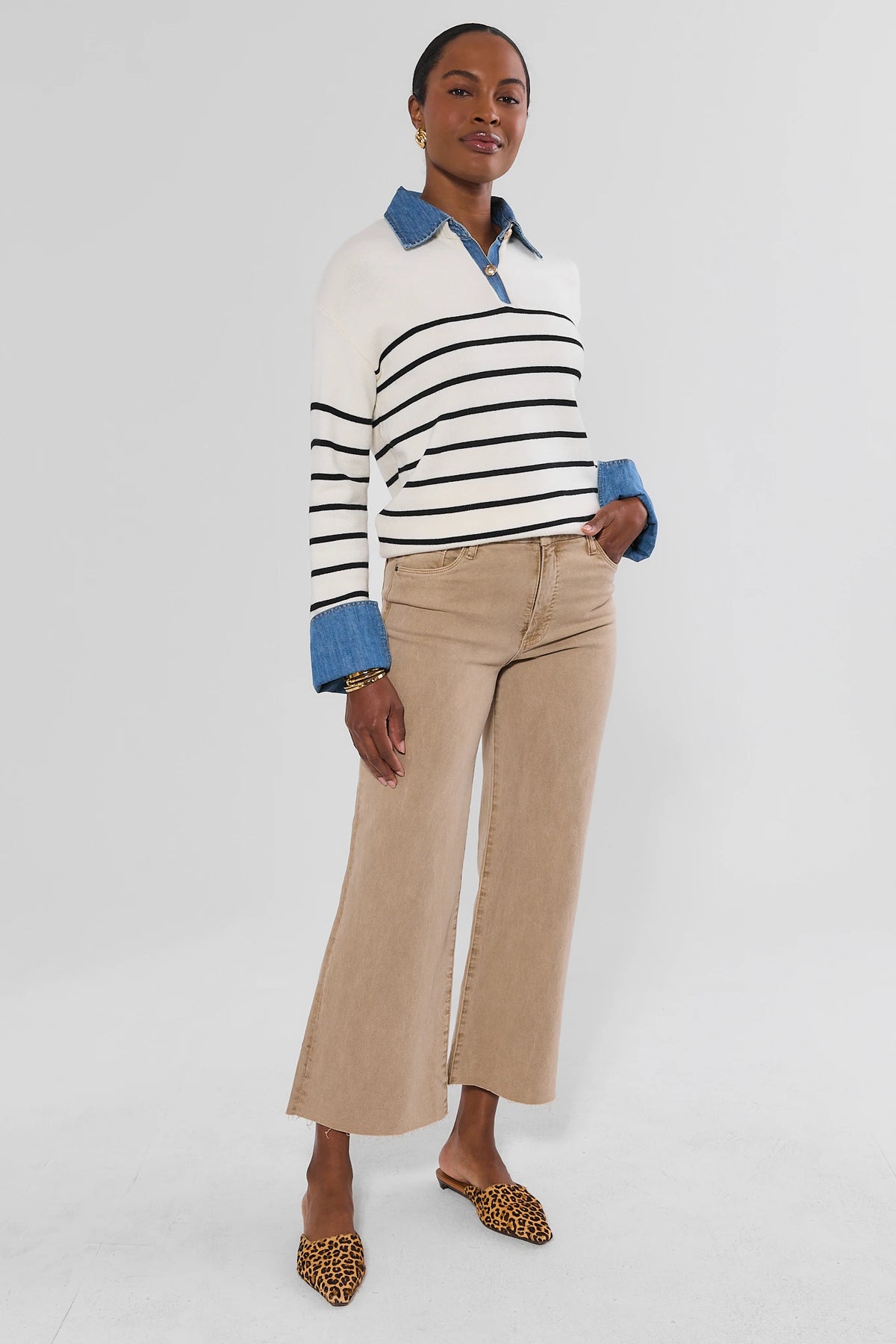 White Striped Denim Trim Sweater - Full Length Front View Styled with Wide Leg Tan Pants | Avara