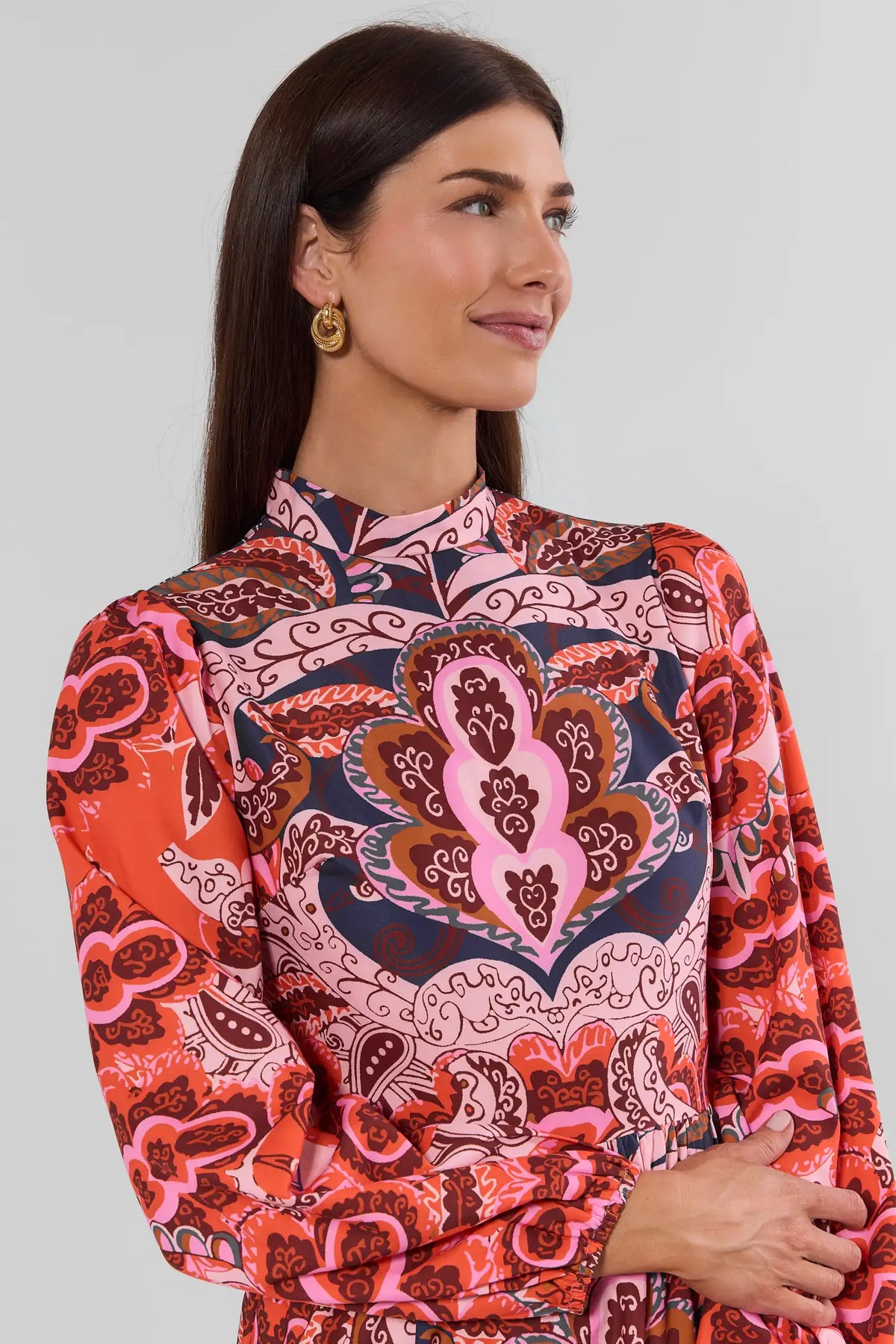 Pink Printed Modest Maxi Dress - Mock Neck & Long Sleeve Close-Up Bodice Detail | Avara