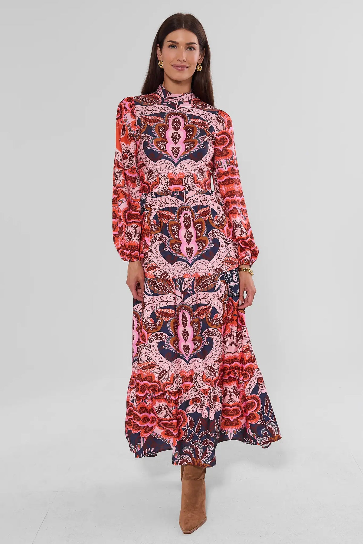 Pink Paisley Maxi Dress - Back View Full Length, Tiered Hem & Tan Boots | Avara