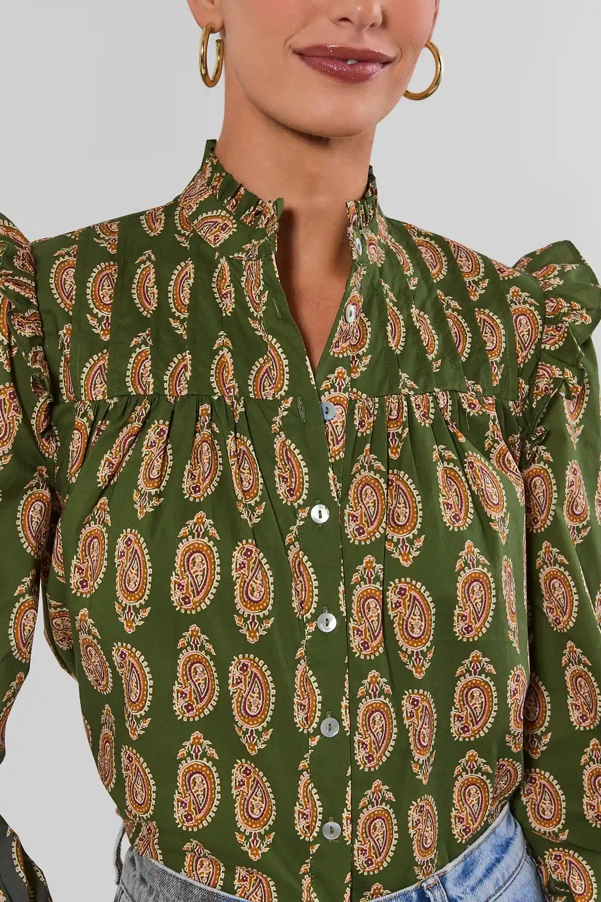 Green Paisley Cotton Top - Neckline & Ruffle Shoulder Detail | Avara